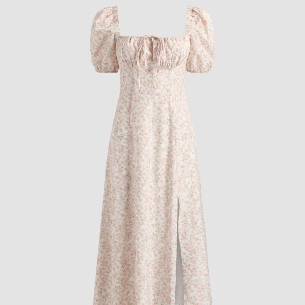 Cider Pale Pink Floral Midi Dress with Puff Sleeves